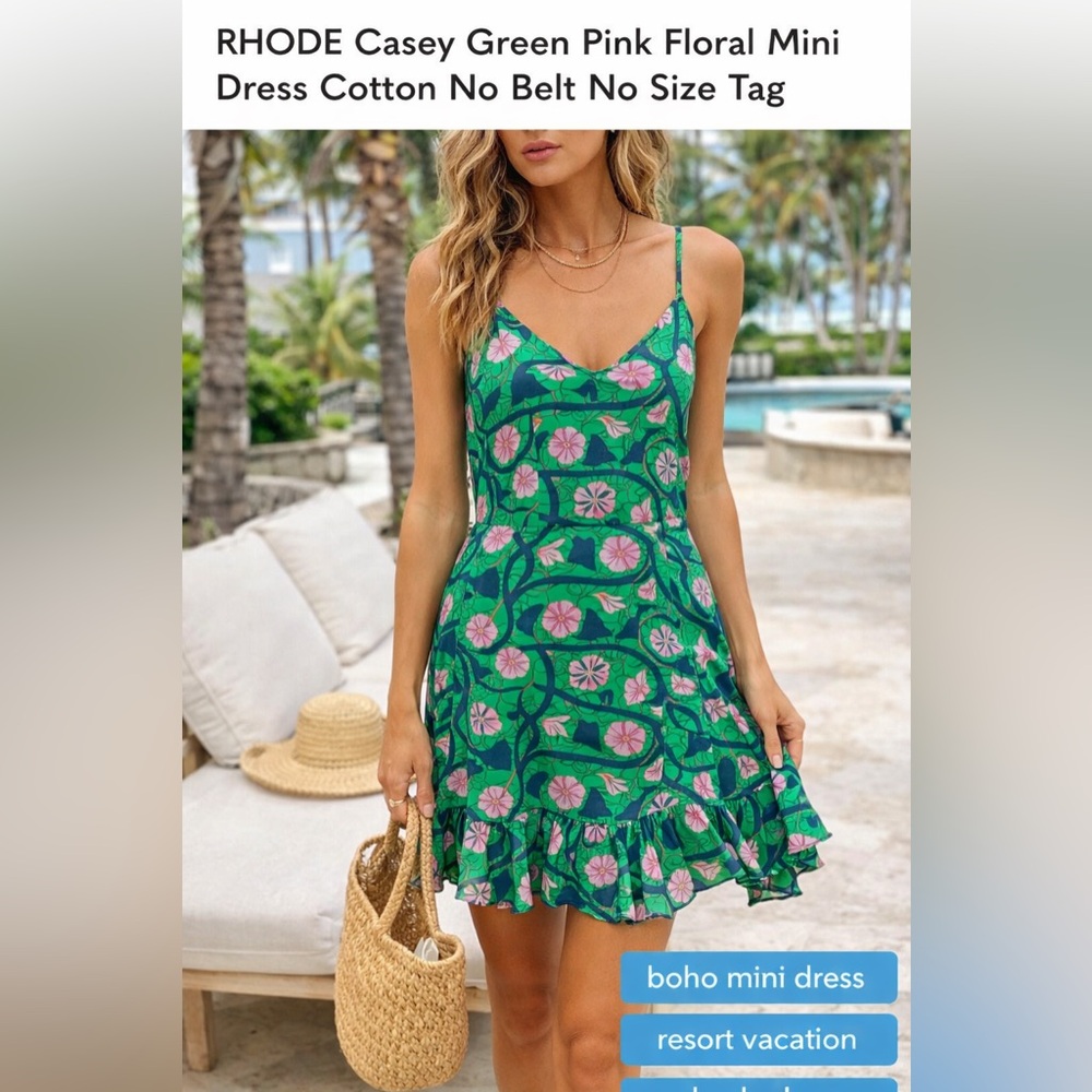 RHODE Floral Mini Dress Green Pink Cotton Boho Resort No Belt